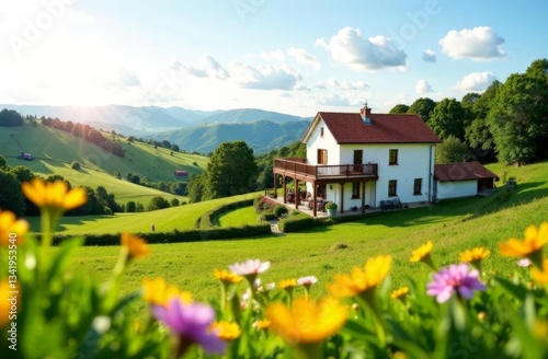 Wallpaper Mural Countryside villa, set rolling green hills and fields of wildflowers on summer day Torontodigital.ca