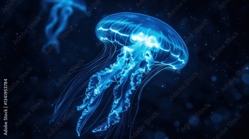 Fototapeta premium Hypnotic bioluminescent jellyfish gracefully drifts through the ocean depths