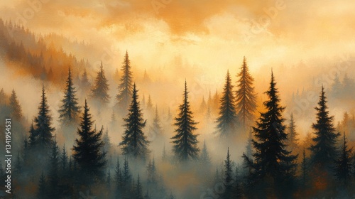 Misty Forest at Golden Hour Sunset