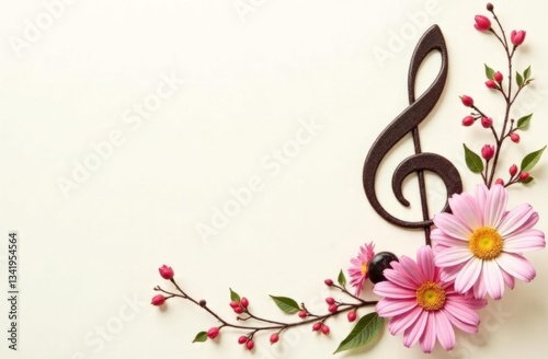 Musical notes, treble clef, flowers with place for text, postcard