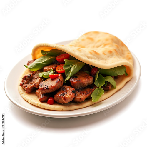 Shawarma sandwich fresh roll of, Grilled Meat and salad tortilla wrap with white sauce isolated on white background. Image