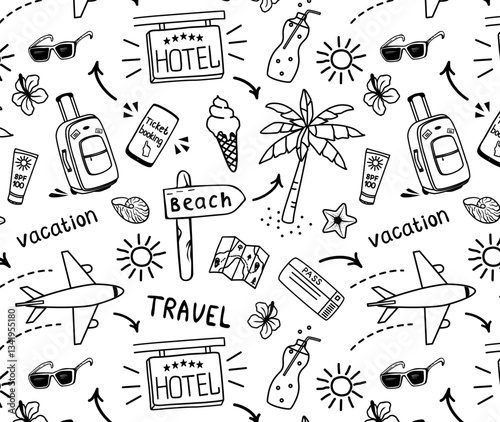 Seamless travel background. Hand drawn summer vacation, trip. Doodles travel bag, plane, ticket, ticket booking, palm tree, ice cream, sunglasses, soda. Black and white pattern with travel items.