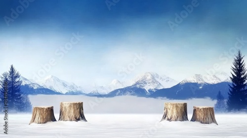 Winter Stumps Mountain View - Serene winter landscape, four tree stumps in snowy field, majestic mountains background. Symbolizing nature, peace, stillness, resilience, and time