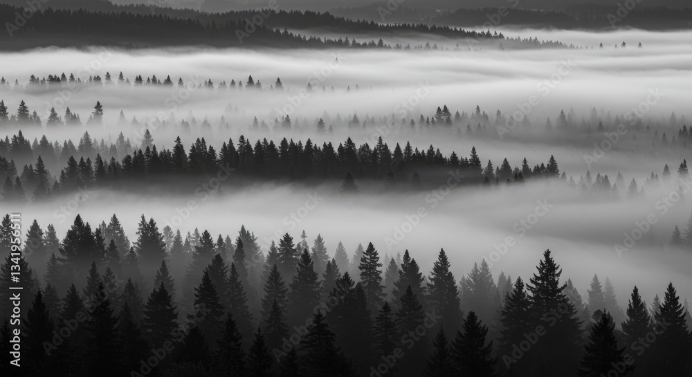 Fototapeta premium Serene Black and White Landscape of Misty Forests at Dawn