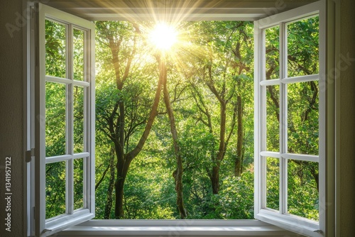 Sunlight streams through open window, forest view