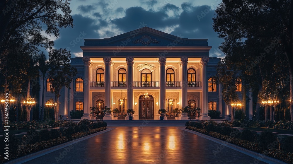 A luxurious mansion with a long driveway, marble pillars, and a grand entrance, evening lighting A luxurious mansion with a long driveway, marble pillars, and a grand entrance, evening lighting