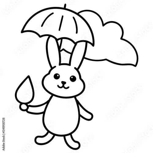 A bunny holding an umbrella while a cloud drizzles.