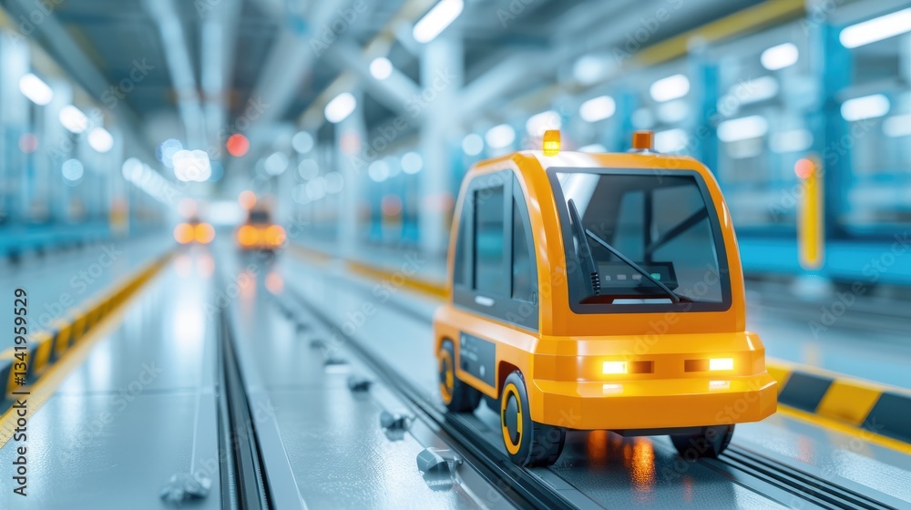 Fototapeta premium Autonomous Orange Vehicle Moving on Automated Guided Vehicle System in Factory