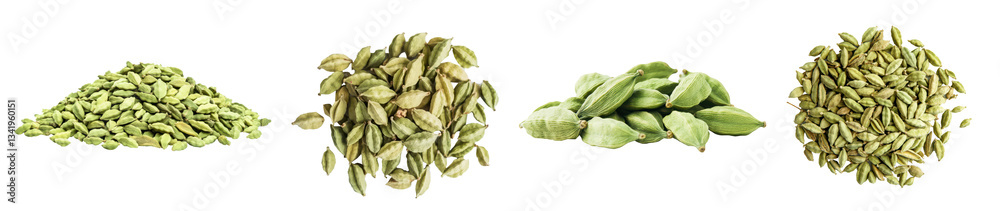 Set of green cardamom seeds and pods displayed in neat piles, showcasing their natural texture and aroma, PNG, isolated on transparent background. Set of green cardamom seeds and pods displayed in neat piles, showcasing their natural texture and aroma, PNG, isolated on transparent background.