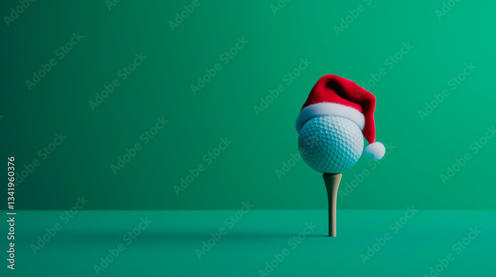 santa hat and golf club on color background with copy space