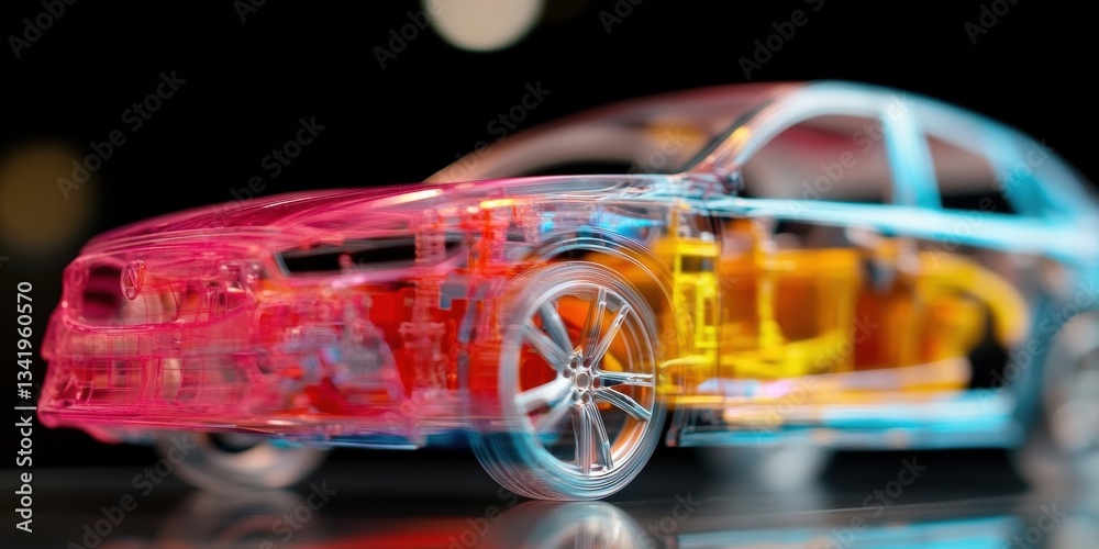 Naklejka premium Transparent Futuristic Automotive Design Hyper-Realistic X-Ray Visualization of Next-Gen Electric Vehicle Revealing Advanced AI Safety Technologies in Gradient Color Spectrum