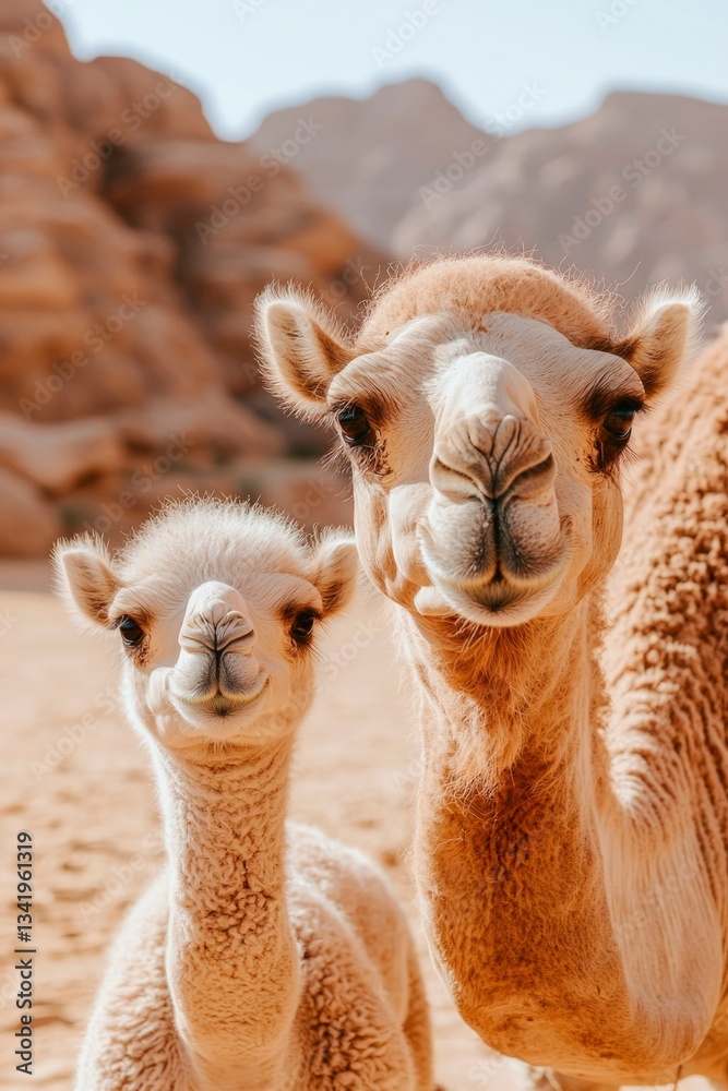 Obraz premium Camel family resting. Travel destination, desert landscape and clear sky backdrop