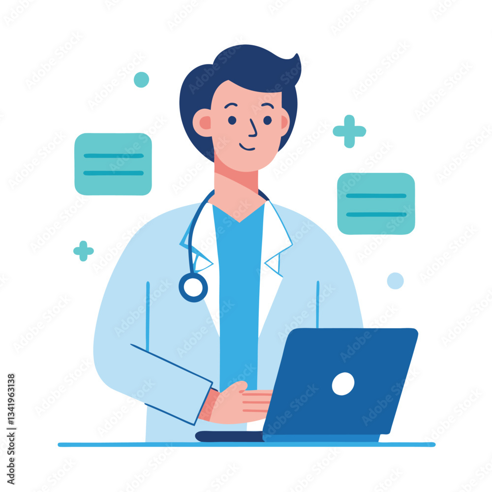 A doctor holding a laptop and reviewing medical. A doctor holding a laptop and reviewing medical.