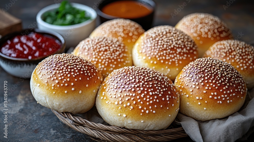 Sesame buns in basket, sauces & herbs, rustic setting Sesame buns in basket, sauces & herbs, rustic setting