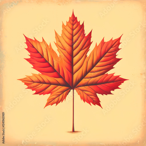 A beautiful autumn leaf with vibrant shades of orange and red depicted in a retro style