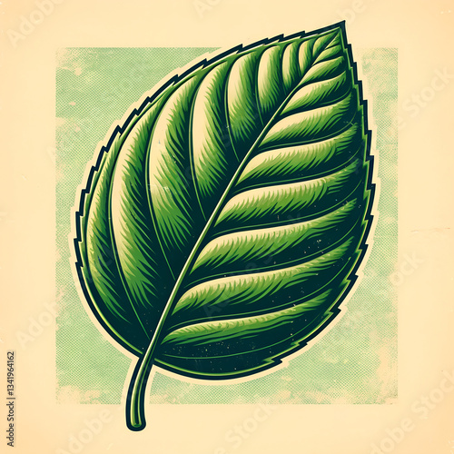 A vibrant green leaf depicted in a retro style