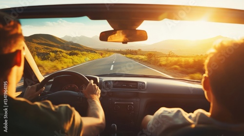 Wallpaper Mural Point-of-view shot of two young men on a road trip, driving through a scenic countryside highway at sunset, with warm golden light illuminating the landscape. Torontodigital.ca