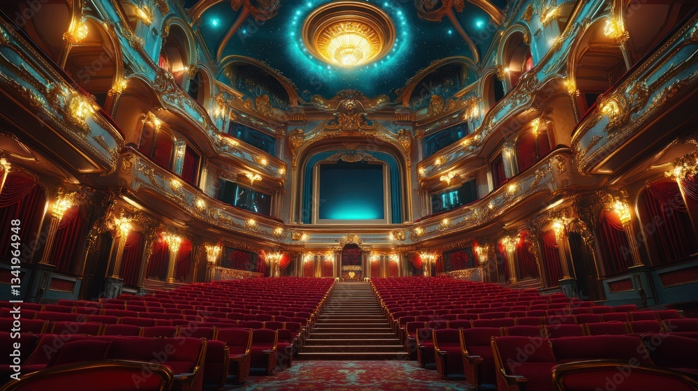 Fototapeta premium Grand theater interior, ornate design, opulent seating