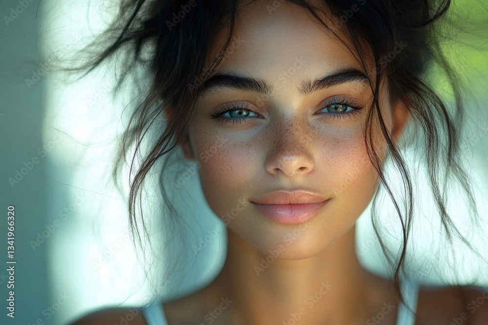 Soft, Diffused Lighting Captures the Natural Beauty of a Young Woman With Curly Hair and Freckles in a Serene, Warm Environment Soft, Diffused Lighting Captures the Natural Beauty of a Young Woman With Curly Hair and Freckles in a Serene, Warm Environment