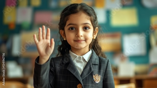 Confident young girl in a formal school uniform raising her hand in a classroom, symbolizing leadership, intelligence, Blurred educational posters in the background.