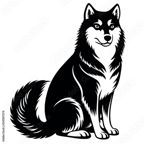 Alaskan malamute sitting isolated on white background.
