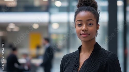 Confident young businesswoman with natural curly hair standing in a modern corporate office, looking directly at the camera with a poised and professional expression. Blurred background 