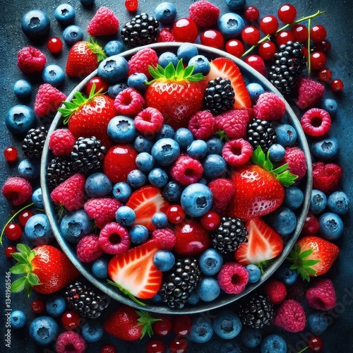 A vibrant and refreshing berry mix featuring a variety of fresh berries such as strawberries, blueberries, raspberries, and blackberries