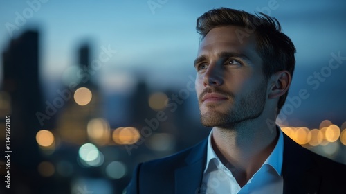 Confident young businessman in a dark suit gazing into the distance with a thoughtful expression against a blurred city skyline at dusk, illuminated by warm bokeh lights.