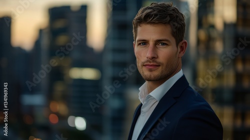 Confident young businessman in a navy-blue suit standing against a blurred modern city skyline at dusk, gazing forward with a determined expression.