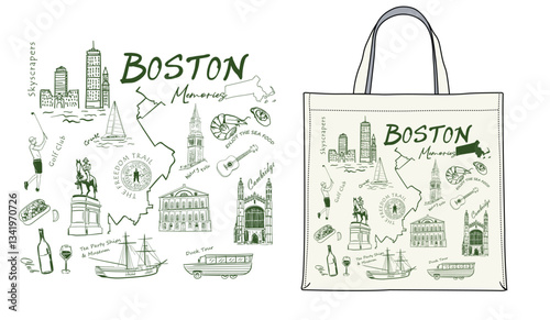 Boston New York travel vector art, American vacation destination artwork for t shirt, tote bag, poster, graphic print, Boston historical landmark hand drawn vector art