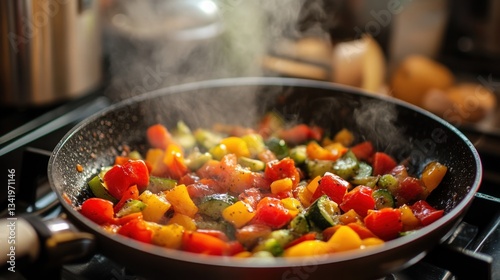 Vibrant vegetables sizzle in a pan, creating a colorful and appetizing stir fry dish