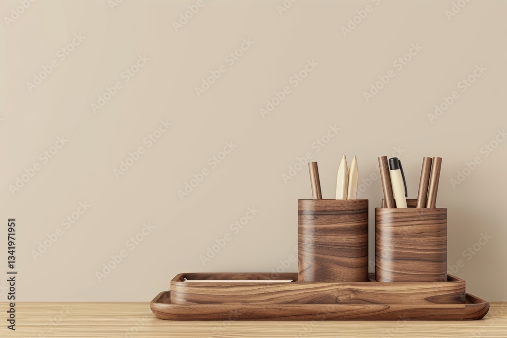 Obraz premium Minimalist Wooden Office Organizers on Neutral Desk for Modern Workspace Design