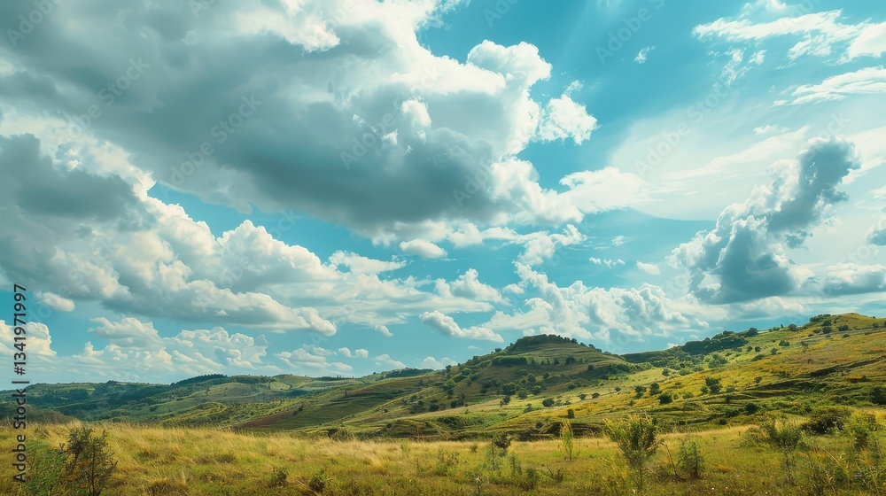 Picturesque hilly landscape with lush green vegetation and fluffy clouds