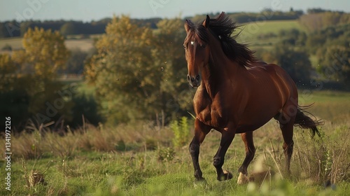 Horse galloping through lush green fields and trees.
