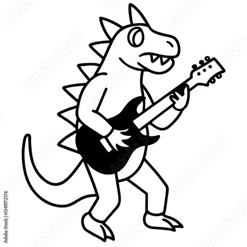 A rockstar dinosaur playing a guitar. 
