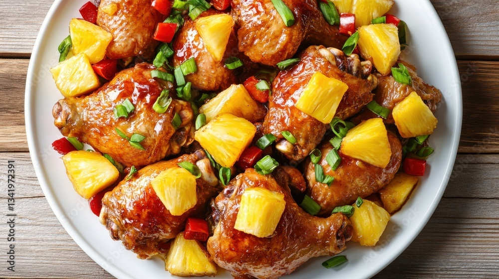 Golden Chinese Fired Chicken with Pineapple Chunks on Plate