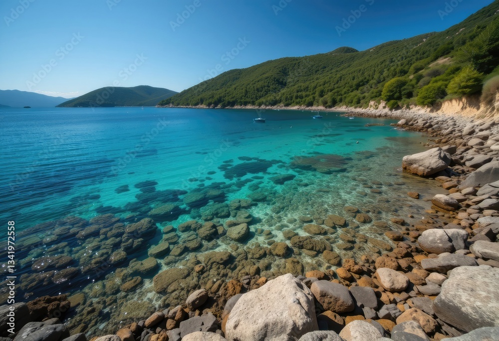 Turquoise Water Cove with Rocky Shore and Green Hills Landscape Turquoise Water Cove with Rocky Shore and Green Hills Landscape