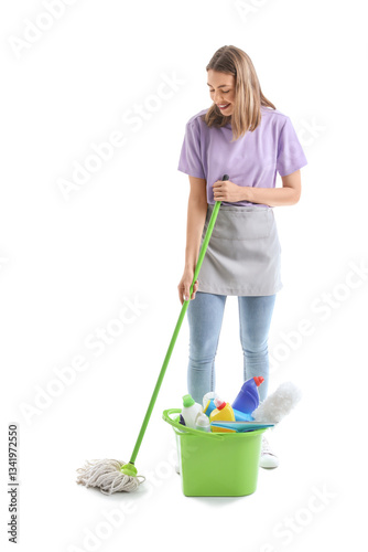 Young woman with mop and cl...