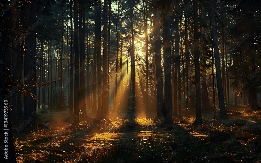Naklejka premium Sunlight Through Dark Forest Trees - Golden Hour in Woods