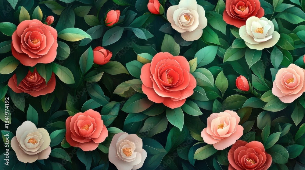 Fototapeta premium Richly Detailed Vector Illustration of Camellias and Roses