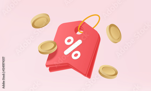 Shopping price tag with percentage coins cash back via app website shop online ecommerce advertising Special promotion sale hot coupon free code voucher. 3D vector illustration. element design