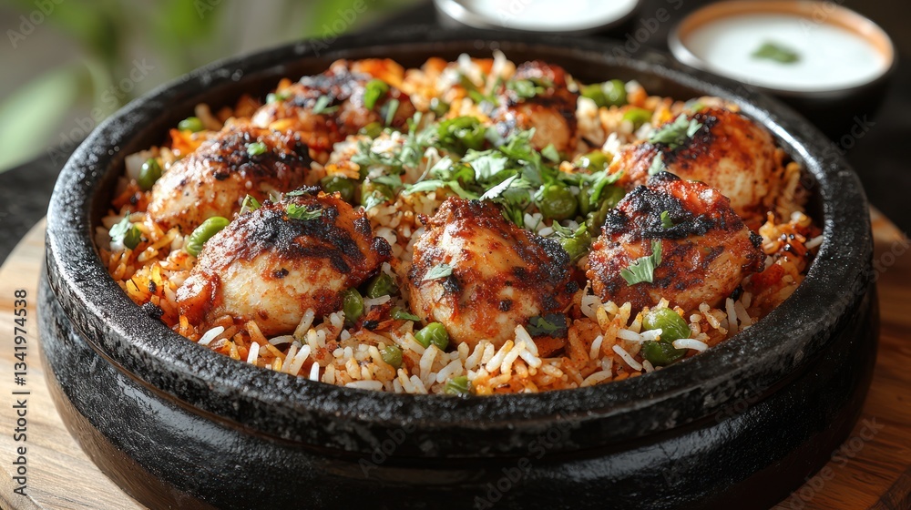 Spicy Chicken Biryani in Clay Pot, Close-up Spicy Chicken Biryani in Clay Pot, Close-up