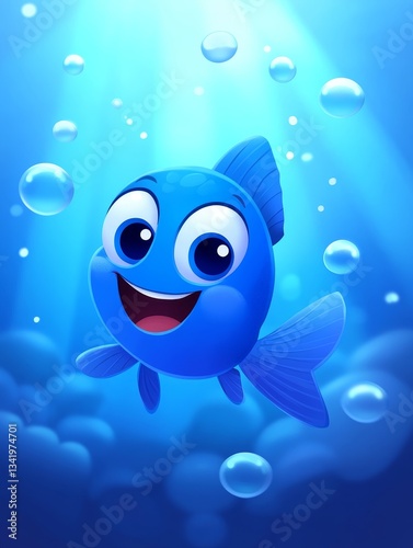 Happy Blue Fish in Ocean - A cheerful blue cartoon fish swims amidst bubbles in a vibrant underwater scene