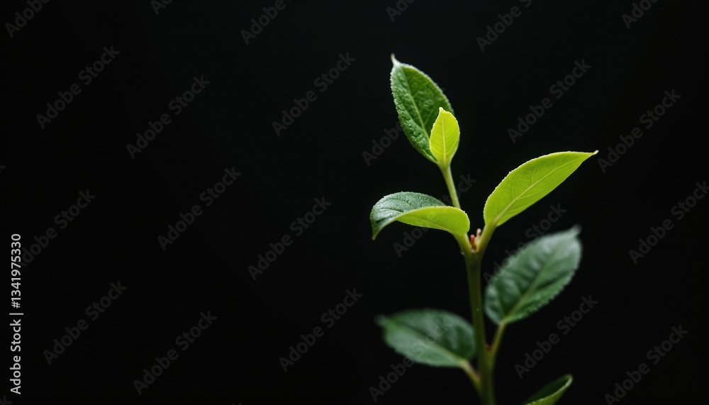 Obraz premium Macro close-up of delicate sprout against black background. Green leaves, young stem show growth, vibrant life. Tender foliage, organic, fresh detail. Ideal for eco, nature, growth concepts.