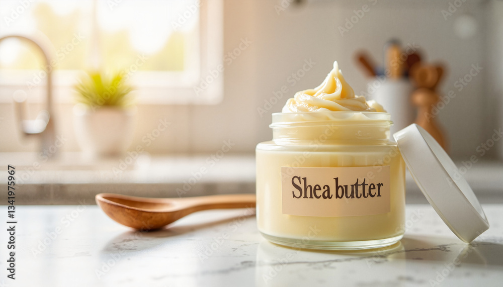 Shea butter jar with wooden spoon on kitchen countertop Shea butter jar with wooden spoon on kitchen countertop