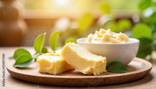 Butter on wooden plate with fresh green leaves