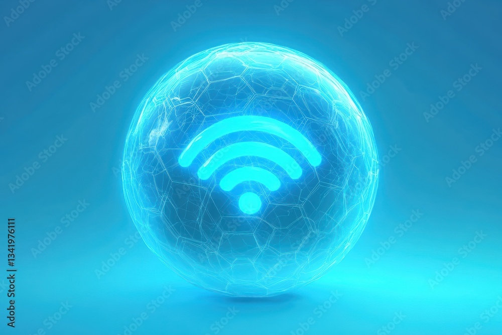 Obraz premium Wi-Fi network icon enclosed in a transparent protective sphere against a blue background