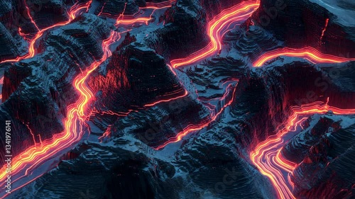 Abstract Landscape With Glowing Red Lava Flowing Through Mountainous Terrain