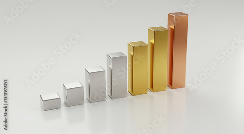A 3D bar chart with metallic bars in gold, silver, and bronze