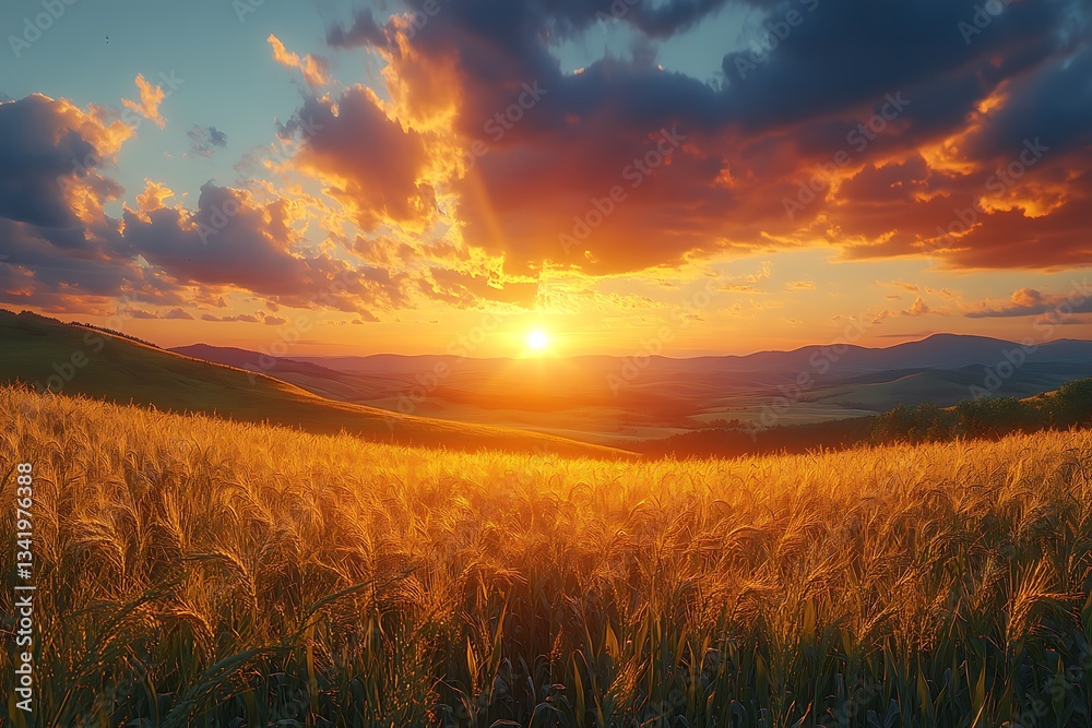 Fototapeta premium Golden Wheat Field Sunset Vibrant Landscape Photography
